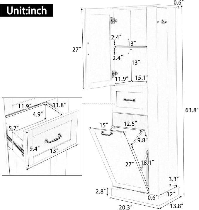 Tall Laundry Cabinet with Tilt Out Hamper, Wood Bathroom Storage Cabinet with Door,Drawer and Adjustable Shelves Freestanding (White)