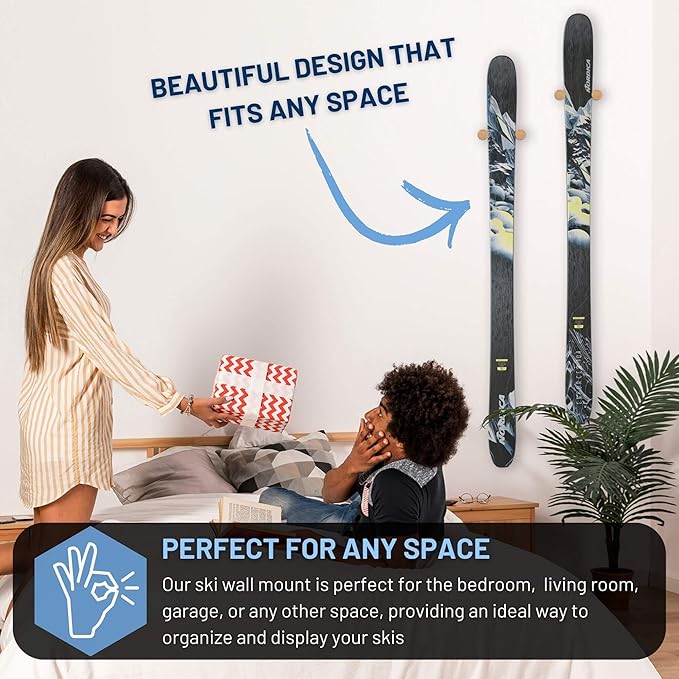 Hang 11 Ski Wall Mount - Ski Display Wall Mount, Minimalist Hardwood Hangers, Decorative Holders to Hang, Vertical Storage Rack for Garage, Showcase your Favorite Pastime