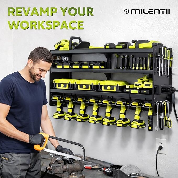 Large Power Tool Organizer Wall Mount, 6-Shelf Heavy Duty Metal Tool Storage Rack with Drill Holder Slots, Side Screwdriver Racks and Hook Bar, Wall Mounted Tool Organizer for Garage Workshop