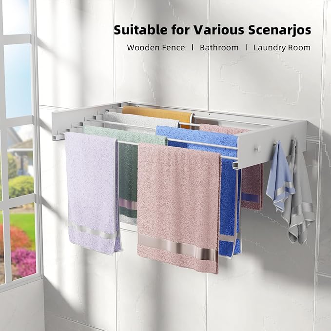 Upgrade Wall Mounted Drying Rack with 6 Hooks, 31.5" Foldable Laundry Rack, 5 Rods & Hooks Space Saver for Bathroom, Collapsible Clothing Rack with Template for Indoor Outdoor (White)