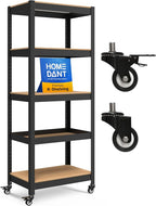 HOMEDANT House 5 Tier Heavy Duty Garage Shelving Adjustable Metal Rack Storage Shelves Standing Shelf Unit Organizers Pantry Closet Office (1, Black, (Wheels) 24.4" W x 16.2" D)