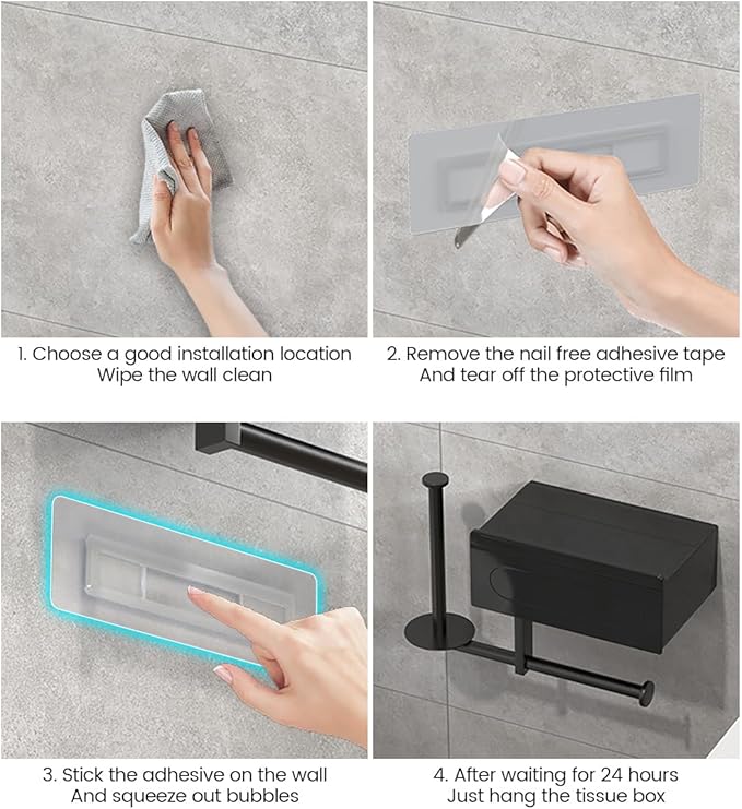 Modern Wall-Mounted Toilet Paper Holder with Storage Shelf, Black Bathroom Tissue Dispenser with Wipes Container, Multi-Function Organizer