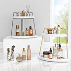 Forbena Corner Bathroom Counter Organizer, 2 Tier Bathroom Organizer Countertop, Small Bathroom Sink Top Trays Corner Shelf Stand for Makeup Vanity Perfume Skincare Decor Storage (White and Gold)