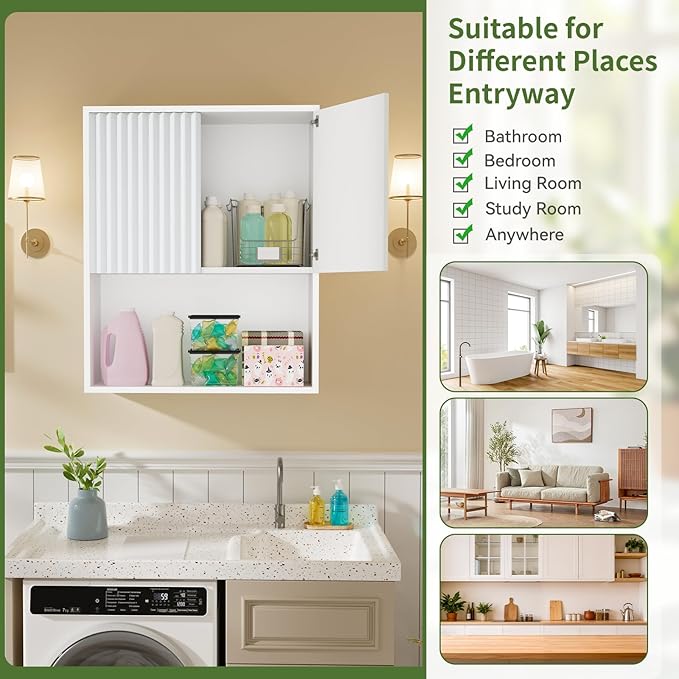 Fluted Bathroom Wall Cabinet Over the Toilet Storage,Wall Mounted Cabinet with Adjustable Shelf,Floating and Hanging Organizer,Kitchen and Laundry Room Storage (White,1 PC)