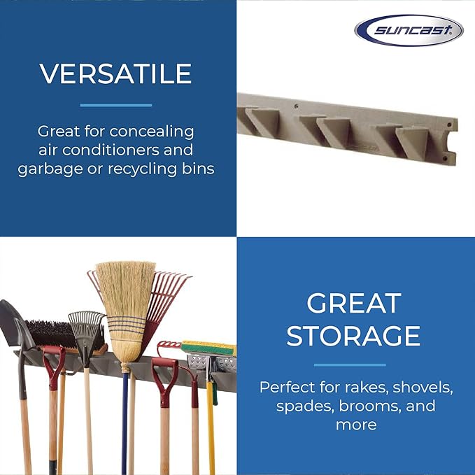 Suncast Wall-Mounted Long-Handled Garden-Tool Hanger, 4-Foot Storage Rack for Rakes, Shovels, and Brooms, Holds 12 Tools, 120 lb Capacity
