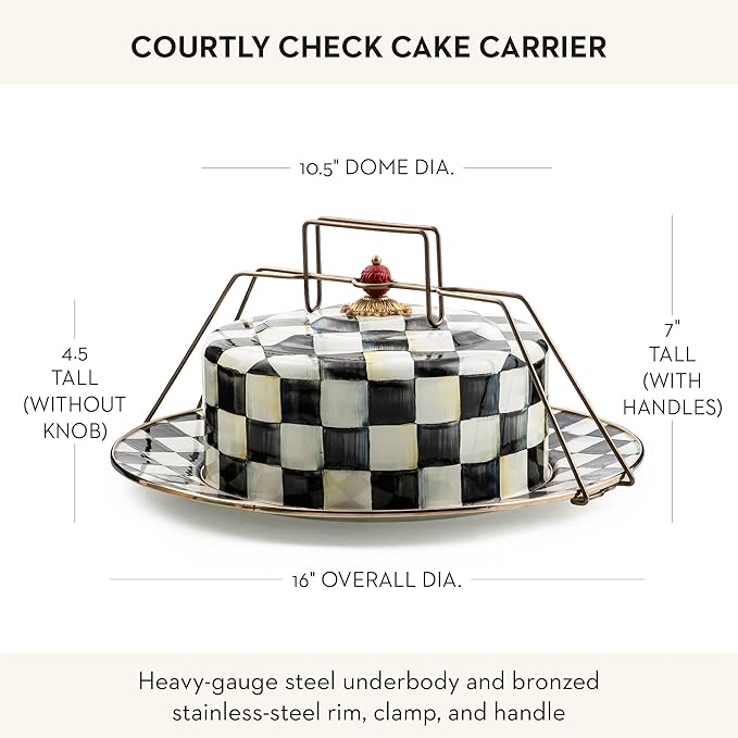 MACKENZIE-CHILDS Enamel Cake Carrier, Cake-Dish Serving Platter with Lid and Handles, Black-and-White Courtly Check