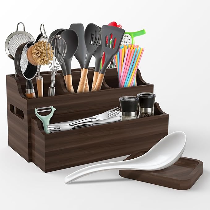 Wooden Utensil Holder for Kitchen Counter, Large Divided Utensil Crock with Removable Compartments, Farmhouse Cooking Utensil Organizer with Spoon Rest & Wall Mount Option