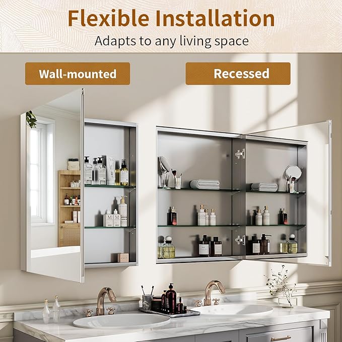 BEAUTYPEAK Bathroom Medicine Cabinet Mirror with Storage, 16 Inch x 24 Inch Silver Medicine Cabinet with Single Door & Adjustable Shelves for Vanity, Tempered, Aluminum Surface, Wall-mount or Recessed