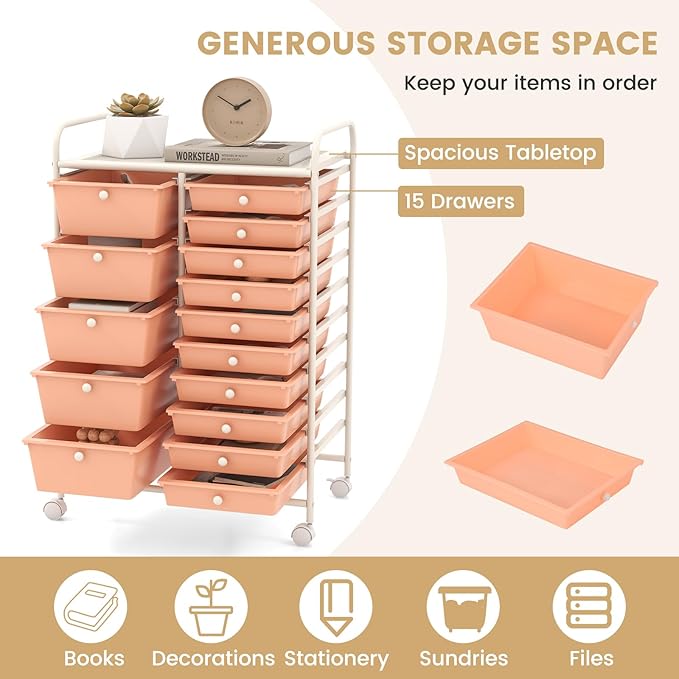 LUARANE Rolling Cart with 15 Drawers, Craft Storage Cart with Portable Handles & Lockable Wheels, Mobile Toys Organizer, Large Capacity Utility Drawer Cart Home Office School Teacher (Peach)
