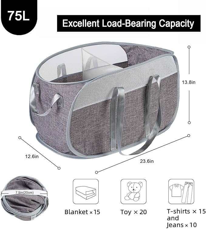 Collapsible Laundry Baskets, 2 Compartment Pop Up Mesh Hamper Foldable 75L Large Capacity Dirty Cloths Basket, Lightweight Foldable Laundry Basket for LaundryRoom, Bathroom or Travel (Grey)