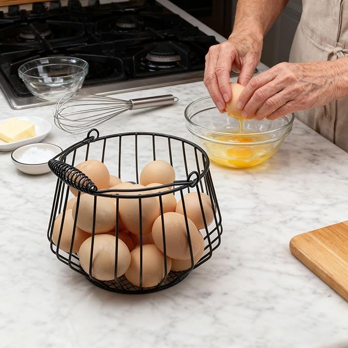 Wire Egg Basket for Gathering Fresh Eggs 24 Capacity Vintage Chicken Coop Basket with Handle for Farmhouse Kitchen Countertop and Rustic Easter Egg Display