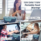 Electric Lunch Box, 12V/24V/110V Portable Food Warmer with SS Fork & Spoon for Car/Truck/Office, 80W Self Heating Lunch Box with 1.5L 304 Stainless Steel Container & 0.45L PP Fruit Box Blue