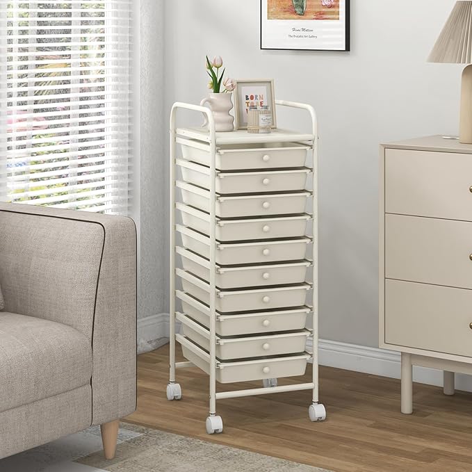 GOFLAME 10-Drawer Rolling Storage Drawer Cart, Utility Cart with Removable Drawers & Metal Frame, Mobile Art Craft Drawer Cart with Lockable Wheels for Home, Office, Studio, School, White