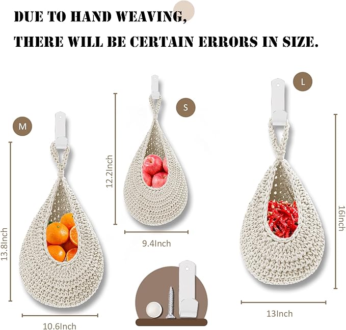Hanging Fruit Large Basket Set of 3, Boho Wall Hanging Storage Basket for Organizing, Handmade Teardrop Hammock Holder for Fruit Vegetable in Home & Restaurant Kitchen with Hooks,White