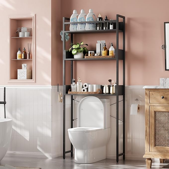 Garvee Over the Toilet Storage Rack 3-Tier Bathroom Organizers and Storage with Shelf and Basket One-Piece Wooden Shelves Open Net Freestanding Space Saver for Bathroom