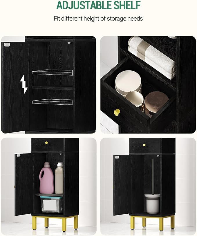 Bathroom Storage Cabinet, Corner Floor Cabinet with Drawers and Doors, Narrow Toilet Paper Holder, Bathroom Organizer with Adjustable Shelf, for Small Spaces, Black BC29804G