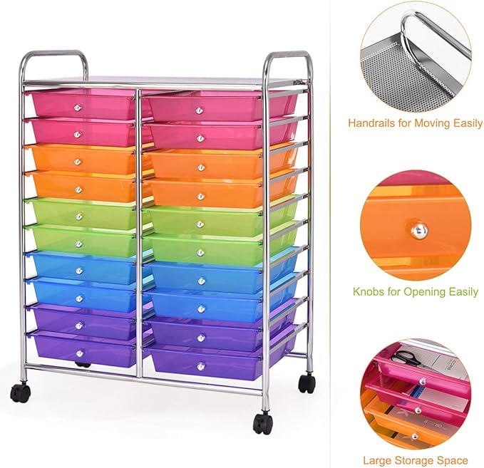 GOFLAME 20-Drawer Rolling Storage Cart, Multifunctional Art Craft Organizer Cart, Mobile Utility Storage Cart with Removable Drawers & Lockable Wheels, Craft Cart for Home Office, Rainbow