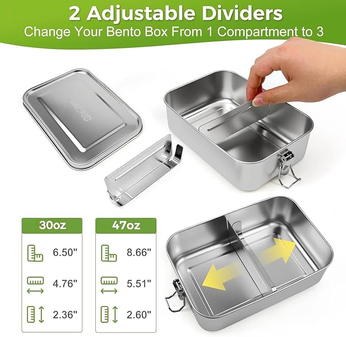 47oz Stainless Steel Bento Box for Adults, 3-Compartment Lunch Box with 2 Removable Dividers, Leak-Proof Metal Food Container, BPA-Free, Dishwasher Safe for Meal Prep, Work, Travel