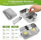 47oz Stainless Steel Bento Box for Adults, 3-Compartment Lunch Box with 2 Removable Dividers, Leak-Proof Metal Food Container, BPA-Free, Dishwasher Safe for Meal Prep, Work, Travel