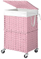 Chrislley 90L Slim Laundry Hamper with Wheels, Rolling Laundry Basket with Lid and Renovable Liner Bag, Handwoven Rattan Organizer for bedroom, bathroom, laundry room (Pink)