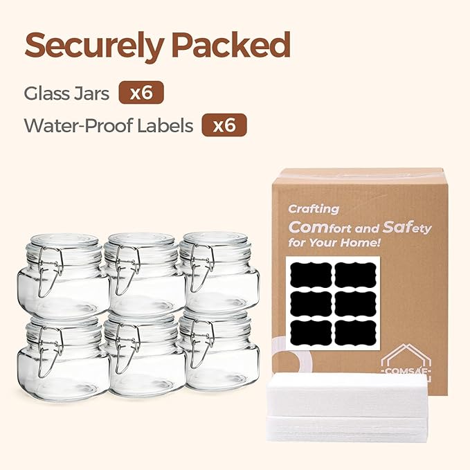 ComSaf 6 Pack 17 oz Airtight Glass Jars with Labels - Ideal for Storing Spices & Tea or Pickling Small Batches of Vegetables and Jams