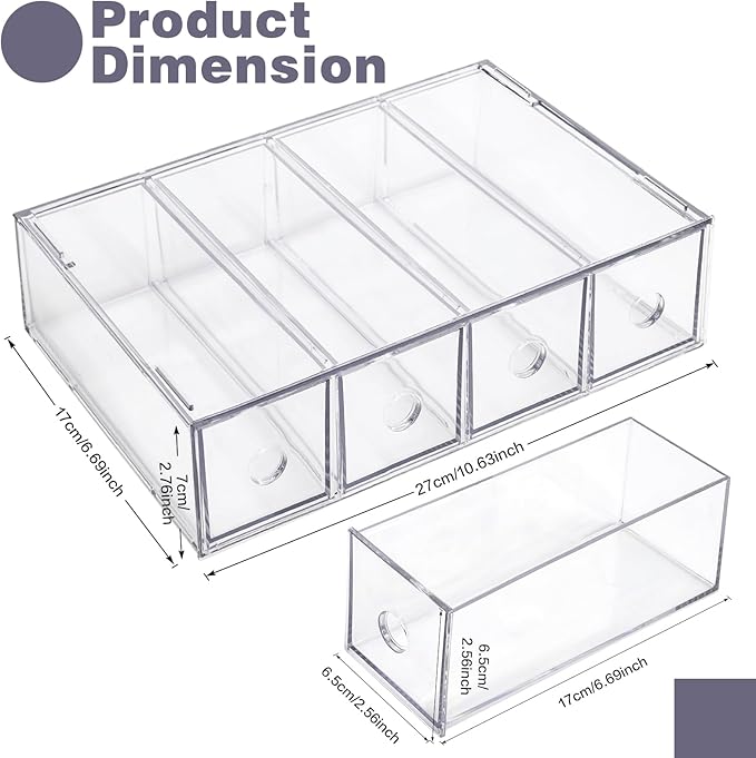 Desk Organizer with 4 Drawers, FODIENS Stackable Desktop Storage Box with Removable Drawer, Clear Sunglasses Organizer Display Case for Stationery Marker Pens Eyeglasses Office Supply