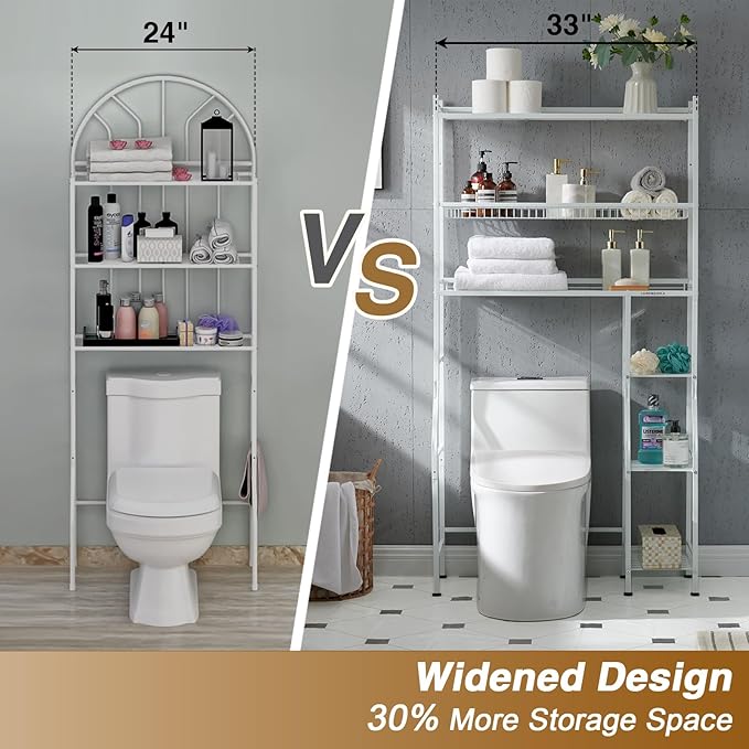 Lauren&Harold 6-Tier Over The Toilet Storage with Side Rack, 32.8" W x 12.2" D x 61" H Over Toilet Bathroom Organizer, Freestanding Above Over Toilet Storage Shelf for Restroom, Laundry, White