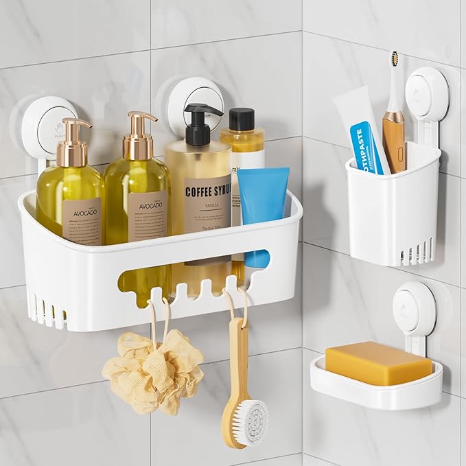 LEVERLOC Shower Caddy Suction Cup Set Shower Organizer & Soap Holder & Toothbrush Holder, Bathroom Shelf Basket NO-Drilling, Removable Suction Storage Waterproof Bathroom Caddy, White | Shower Organizer, Soap Holder, Toothbrush Holder, Removable Suctio...