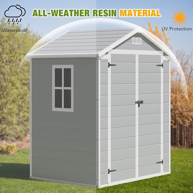 Greesum 6x4FT Plastic Outdoor Storage Shed, Resin Shed with Floor and Window, Tool Sheds with Lockable Door and Vent, for Garden, Garage, Lawn, Light Gray