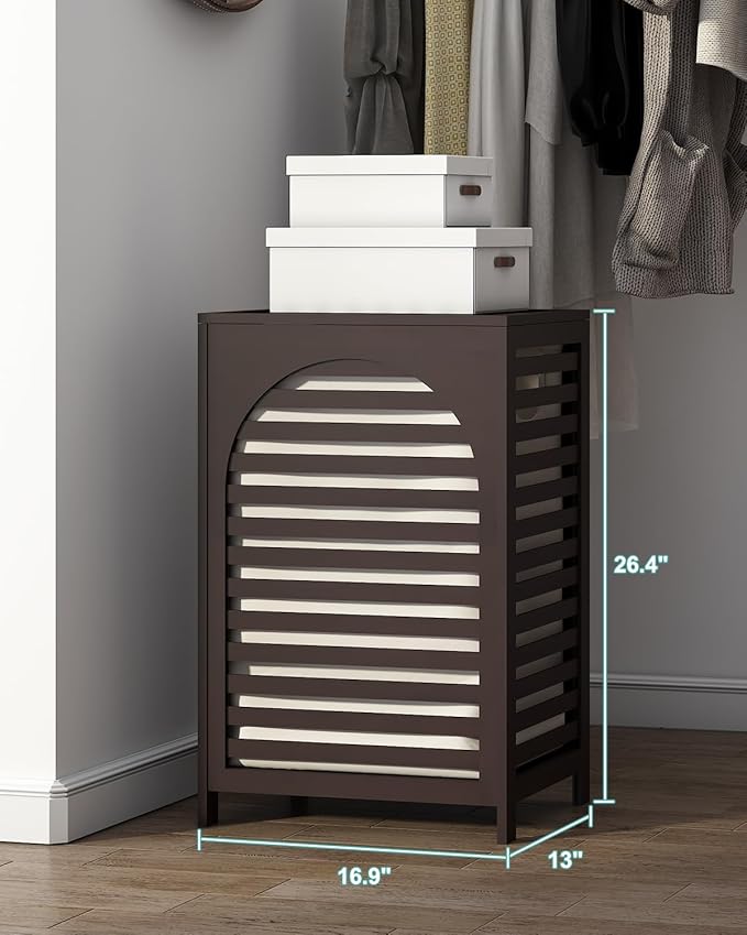Laundry Hamper, 22.5 Gallon (85L) Bamboo Wood Clothes Laundry Basket with Lid and Handles, Removable Liner (Brown, Large)