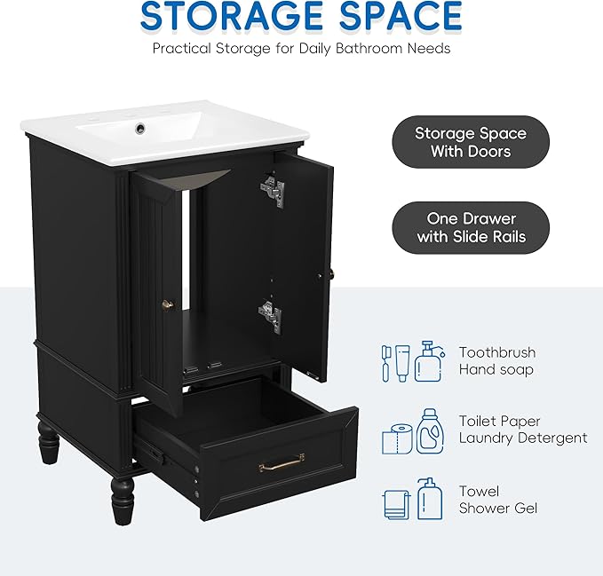 20" Small Bathroom Vanity with Sink,Doors and Drawer,Wood Mid-Century Modern Bathroom Sink Cabinets with Adiustable Foot Pads,for Small Space,Freestanding (Black)