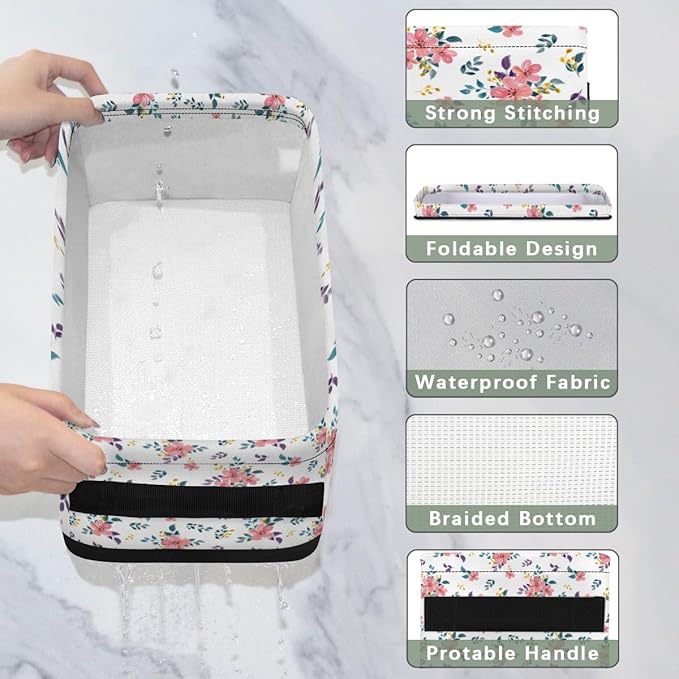 Toilet Tank Topper Paper Basket with Handle, Floral Pattern Foldable Bathroom Storage Basket for Organizing, Small Fabric Storage Bins for Bathroom Decor