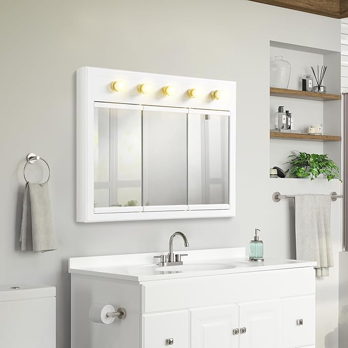 Design House Concord Medicine Cabinet, 3 Mirrored Doors, Pre-Assembled, Surface Mount, 5 Lights, White Wood Frame Wall Cabinet, 36 in W x 5 in D x 30 in H, 532390-WHT