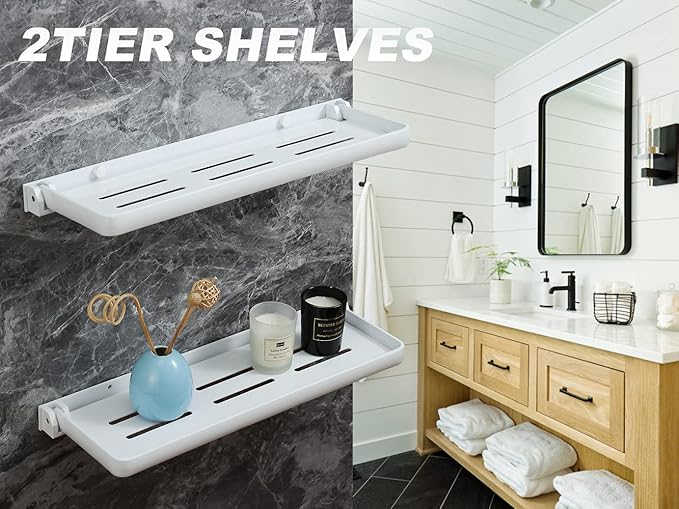 White Folding Wall Shelf | Wall Mounted Bathroom Floating Metal Shelf | 90° Fold Up | Space-Saving Floating Shelf for Laundry Room, Toilet Room, RV, Sink (2-Pack, White)