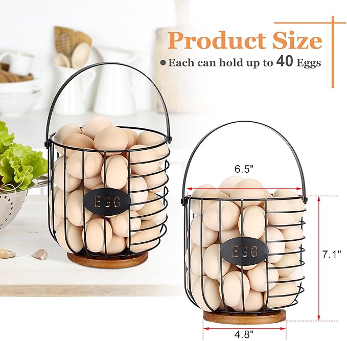 6.5'' Farmhouse Egg Basket for Gathering Fresh Eggs, Metal Egg Holder Countertop for Chicken Eggs, Round Metal Wire Basket with Handle & Wooden Base, Vintage Kitchen Decor(Style 2-Lantern)