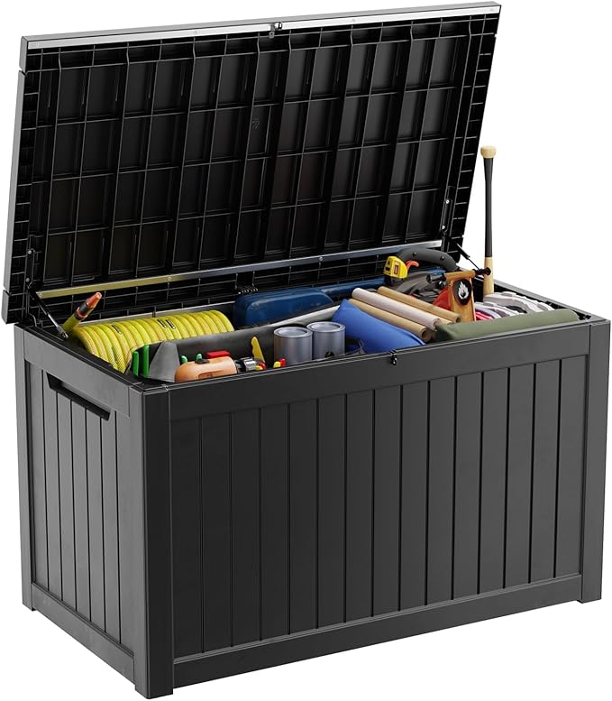 280 Gallon Deck Box Outdoor, Waterproof Outdoor Storage Boxes with Lids, Outside Resin Lockable Storage Box for Patio Cushions, Garden Tools(Black)