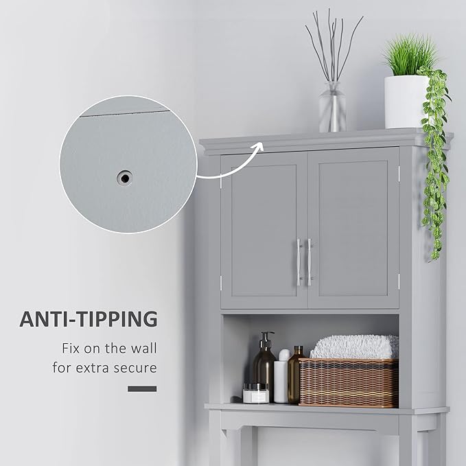 kleankin Modern Over The Toilet Storage Cabinet, Double Door Bathroom Organizer with Inner Adjustable Shelf and Open Shelf, Grey