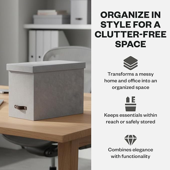 Bigso John Desktop File Box - Storage Solution and Document Organizer for Important Paperwork - Durable Hanging File Box with a Lid and Leather Handle - 7.36 in x 13.26 in x 10.51 in - Ash