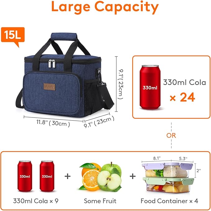 Lifewit Large Lunch Bag, Insulated Lunch Box, Soft Cooler Cooling Tote for Adult Men Women, Dark Blue 24-Can (15L)