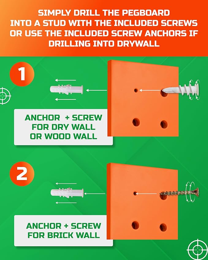 Skywin 2 Pack Wooden Pegboard Wall Organizer for Nerf Gun 13 x 13 x 0.31 Inches, Hanging Wall Pegboard Holder Compatible with All Blasters Nerf Gun Rack Organizer for Wall Organization (Orange)