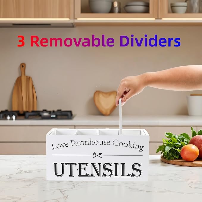 Utensil Holder,Extra Large Wooden Utensil Holder For Kitchen Counter,Cooking Spatula Organizer,Big Storage Caddy With 4 Compartments Flatware Spoon Tool Cutlery（White）