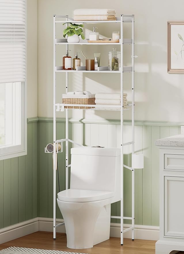 4 Tier Over The Toilet Storage Shelf with 3 Adjustable Shelves, Space Saver Bathroom Organizer with 4 Hooks, Freestanding Above Toilet Rack for Restroom Laundry (White)