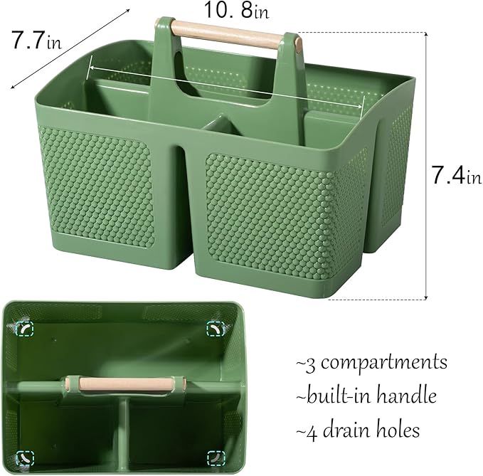 rejomiik Portable Shower Caddy Basket Plastic Cleaning Caddy Organizer Storage Tote with Handle for Bathroom, College, Dorm Room Essentials, Green