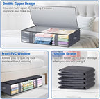 Under Bed Storage Containers, 4 Pack Blanket Storage Bags, Collapsible Storage Bags with Big Zippers, Clear Front, Shoe Storage and Organization for Clothes, Comforter, 60L, Grey