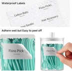 TIPGO Glass Qtip Holder Dispenser for Bathroom - 10 oz Clear Canister Apothecary Jar for Cotton Swabs, Balls, Pads, Floss Picks, Small Containers for Makeup Storage Organizer (2 Pack, White)