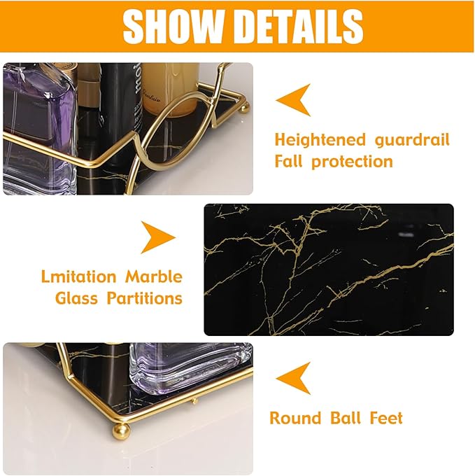 Vanity Tray Luxury Bathroom Counter Tray Glass Perfume Organizer Holder Cosmetics Makeup Skincare Display Decorative Vanity Trays for Bathroom Dresser Bedroom (Black Gold, L)