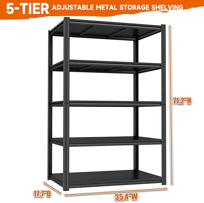 Garage Shelving Unit Storage Shelves Heavy Duty 3000 LBs, 5 Tier Adjustable Metal Shelf Industrial Storage Racks Utility Shelf Organiazation for Tools Garage Basement Warehouse 35.4"W*17.7"D*71.2"H