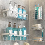 Adhesive Shower Caddy, No Drilling Bath Organizers 5 Pack, Rustproof Shelves with Soap Holder & Toothbrush Holder, Bathroom Organizers and Storage, Silver