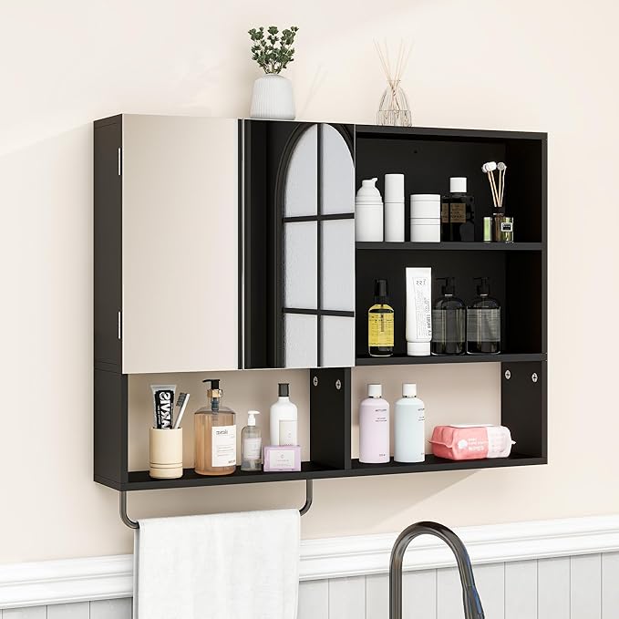Medicine Cabinet, Wooden Bathroom Wall Cabinet with 2 Doors, Adjustable Shelves & Towel Bar, Over Toilet Storage Cabinet Wall Mounted for Laundry with Mirror, Black