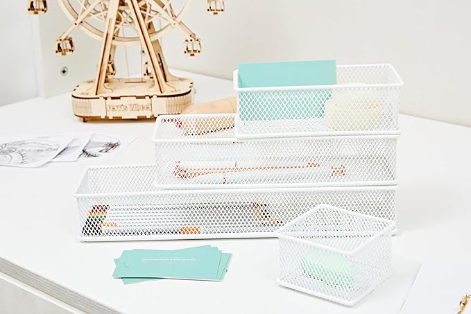 Annova Mesh Stackable Drawer Cabinet and Shelf Organizer Bins Storage Basket School Office Supply Holder Tray- Set of 2 (White, 3x6x2 Inch)